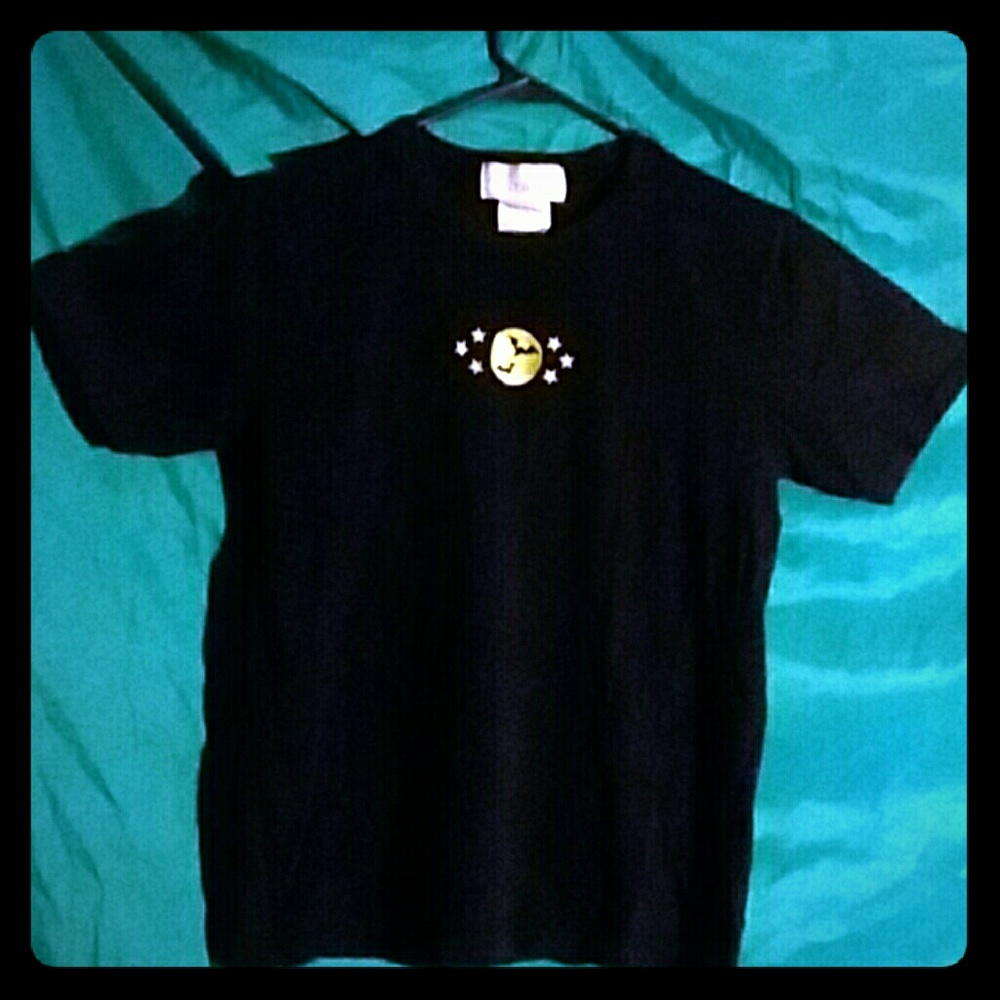Embroidered Black T-Shirt w/Moon and Bats